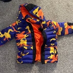 orange, yellow , purple camo coat